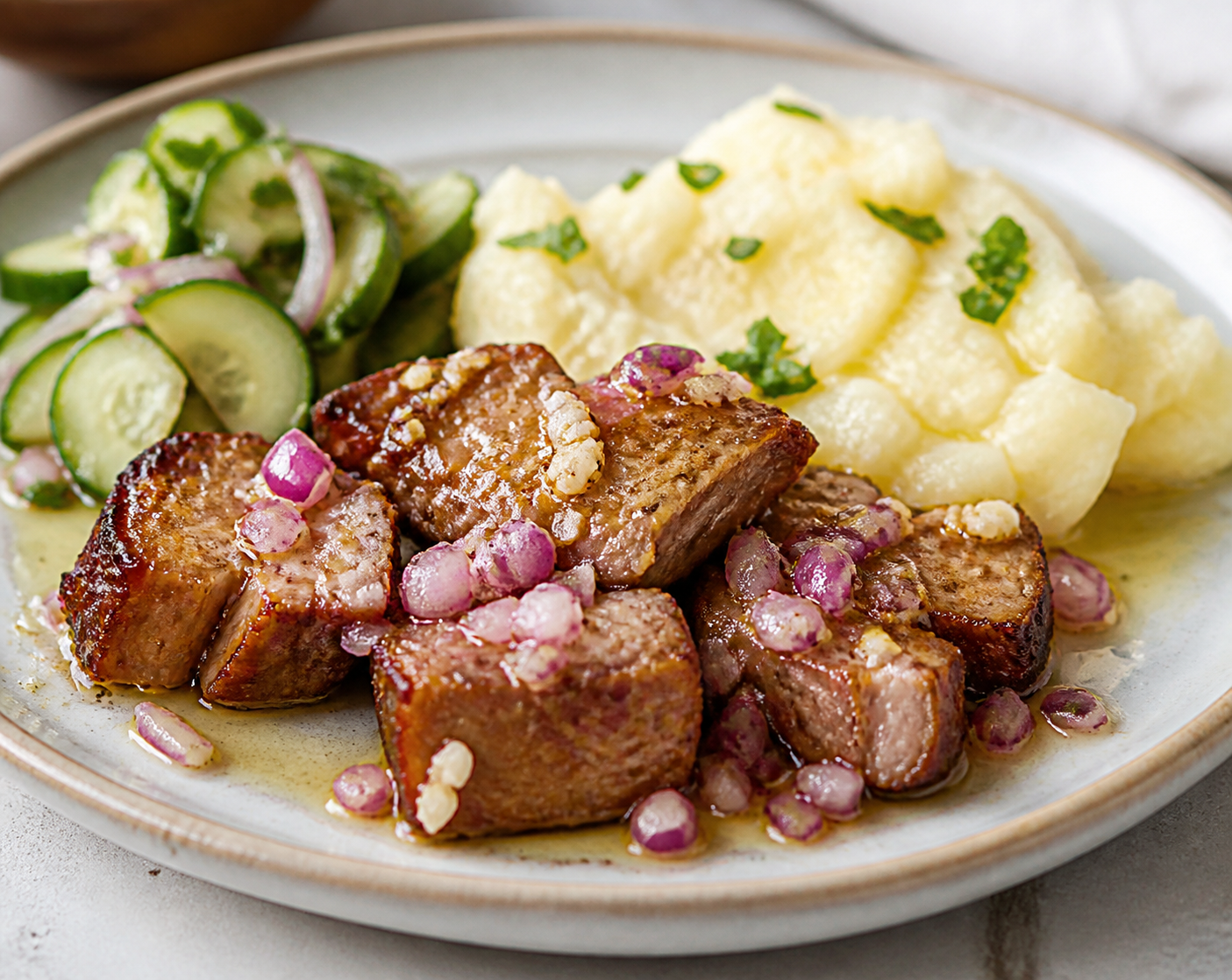 Cuban Roasted Pork with Red Onion Mojo, Creamy Yuca, and Warm Cucumber Salad