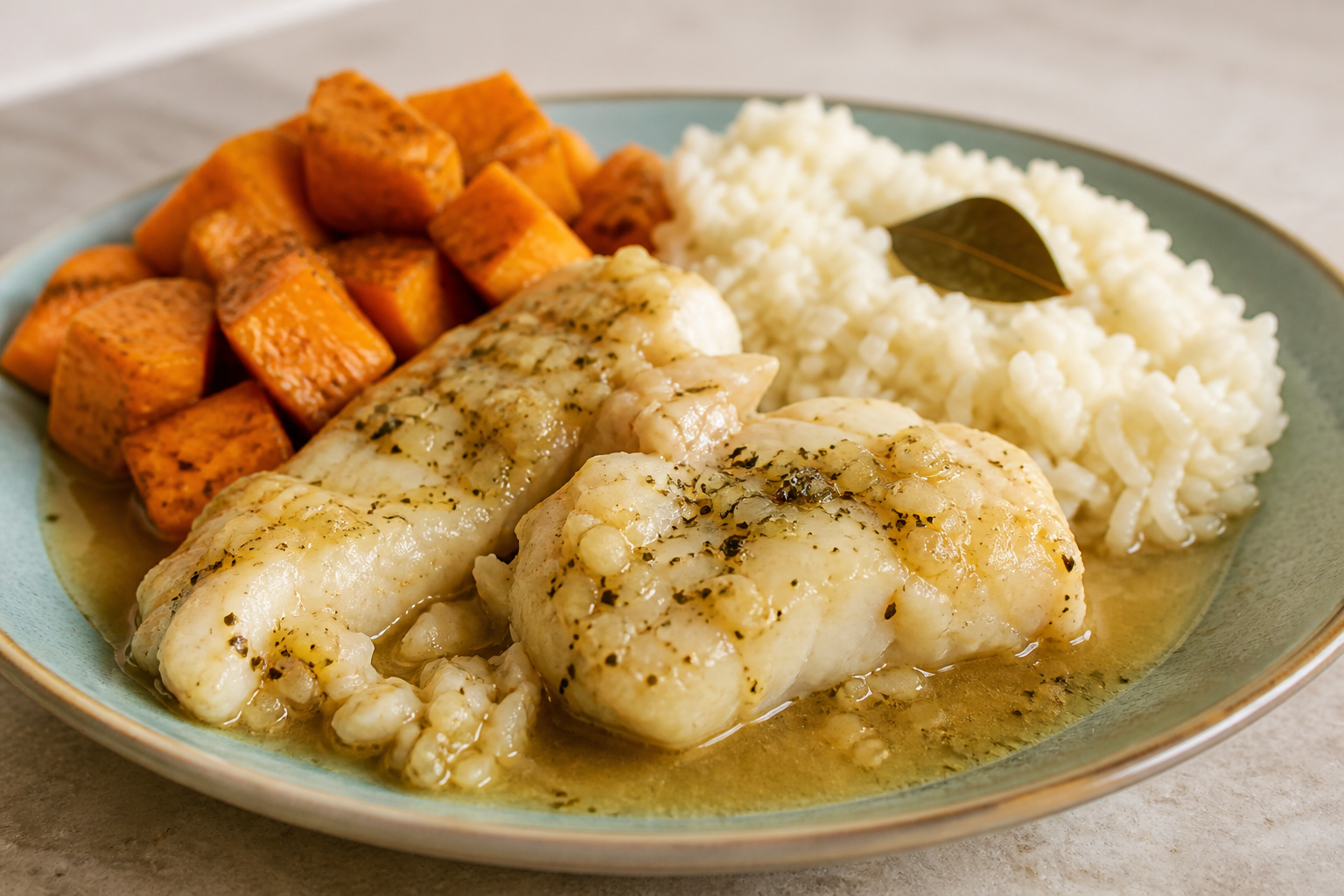 Bacalao Cubano Guisado con Boniato al Comino y Arroz Blanco de Laurel