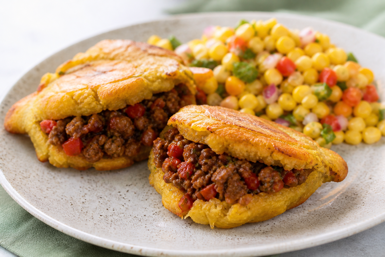 Stuffed Tostones with Sofrito Ground Beef and Warm Corn Lime Salad