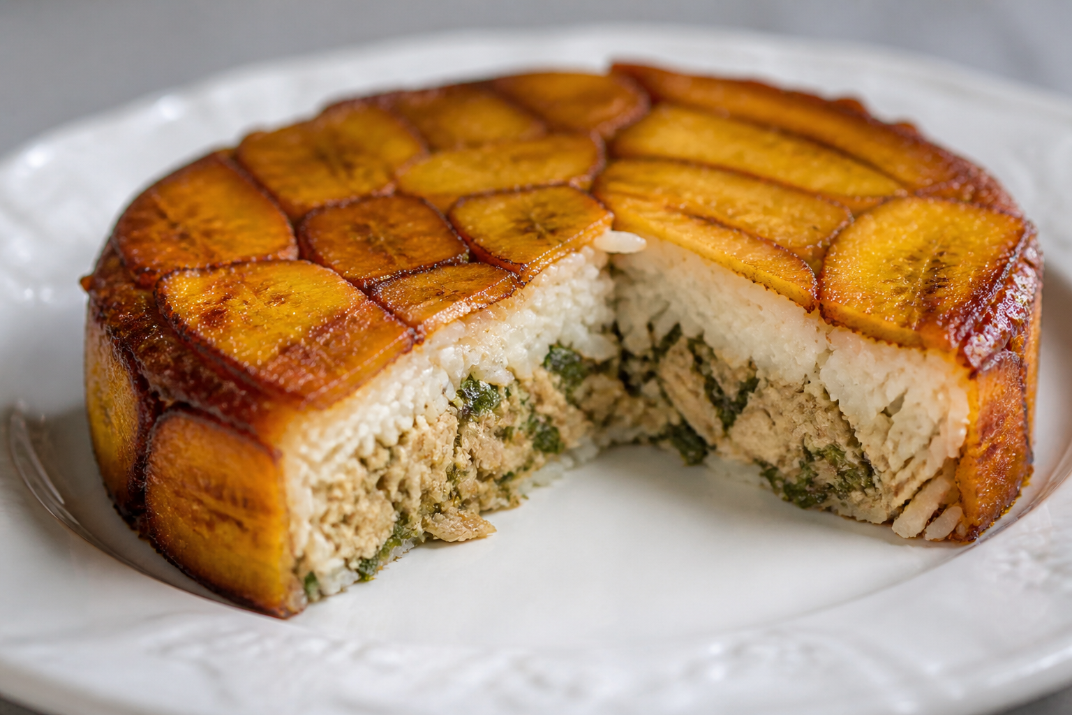 Rice Pie with Cilantro Sofrito Chicken and Sweet Plantain Crust