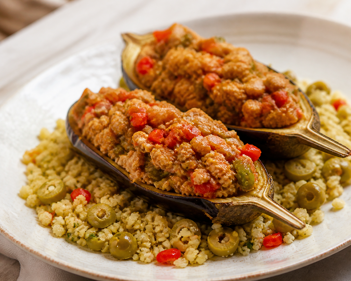 Puerto Rican Stuffed Eggplants with Sofrito Turkey and Olive Cauliflower Rice