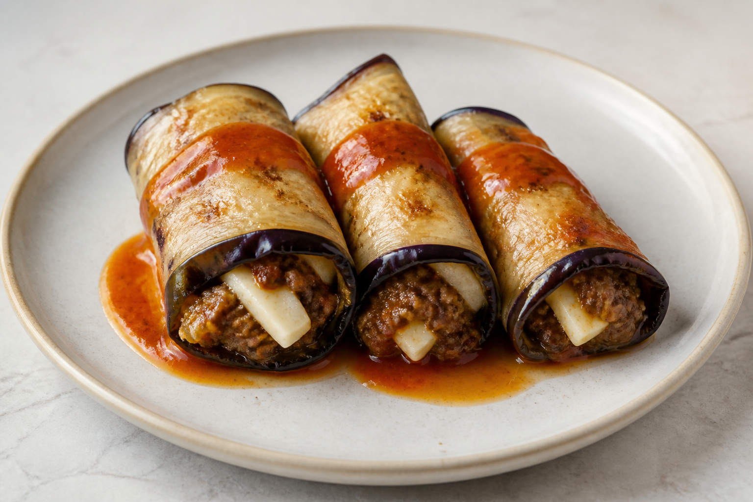 Crispy Eggplant Roll with Sofrito Beef, White Cheese and Warm Spicy Guava Sauce