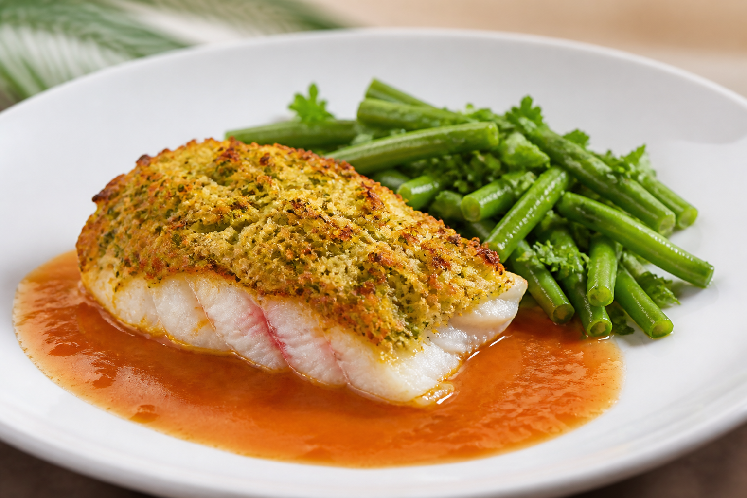 Red snapper fillet with breadfruit crust, warm guava sauce, and tender green bean salad with culantro