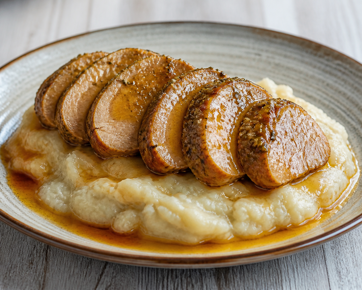 Pork fillets with rum and sour orange over rustic celeriac and taro mash
