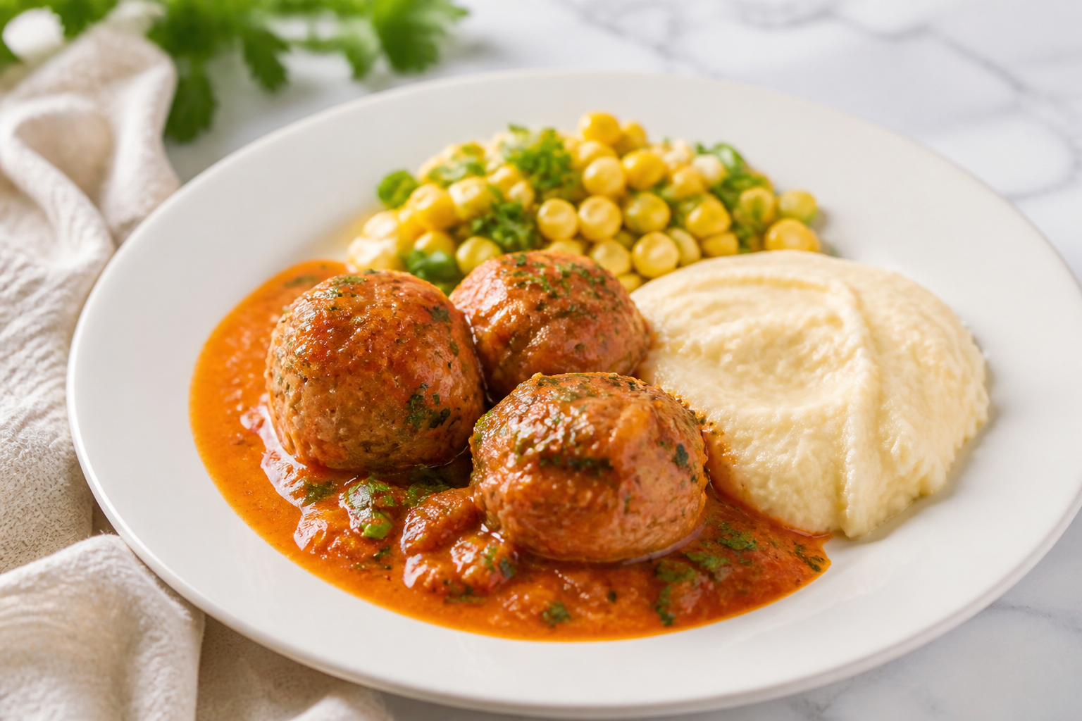 Colombian-Style Beef Meatballs in Sweet Pepper and Guasca Sauce with Arracacha Mash and Warm Corn Salad