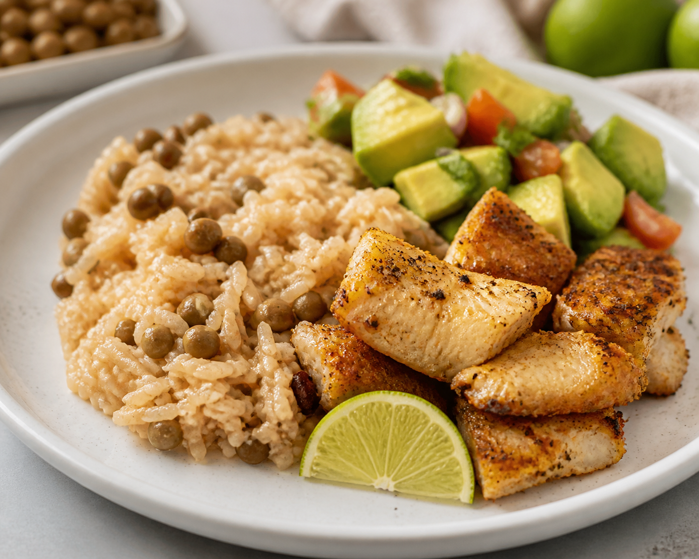 Creamy coconut pigeon pea rice with crispy fish crackling and avocado criollo salad