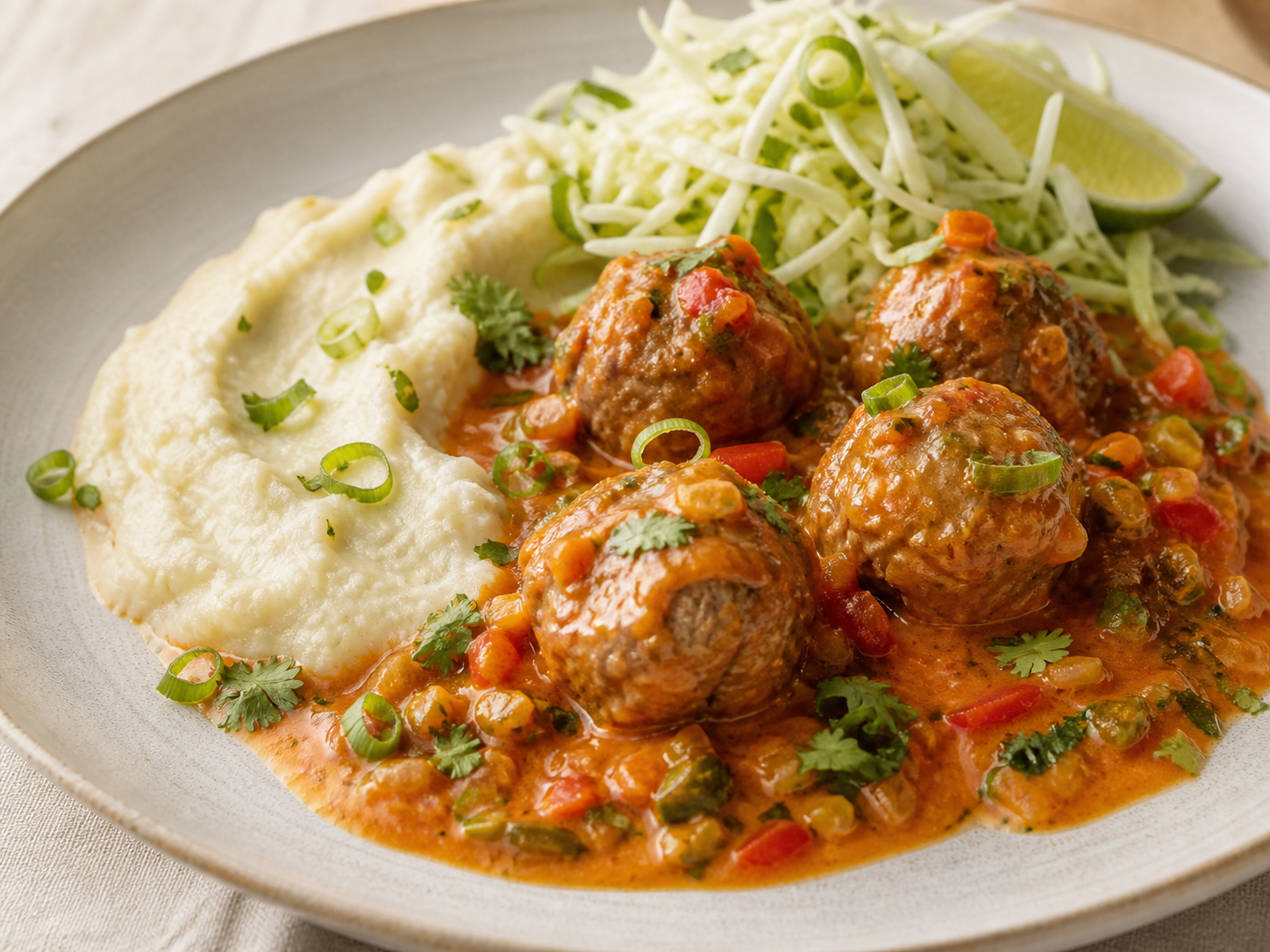 Albóndigas Criollas de Res en Guiso de Ají Dulce y Coco con Puré de Ñame y Ensalada de Repollo Limonada