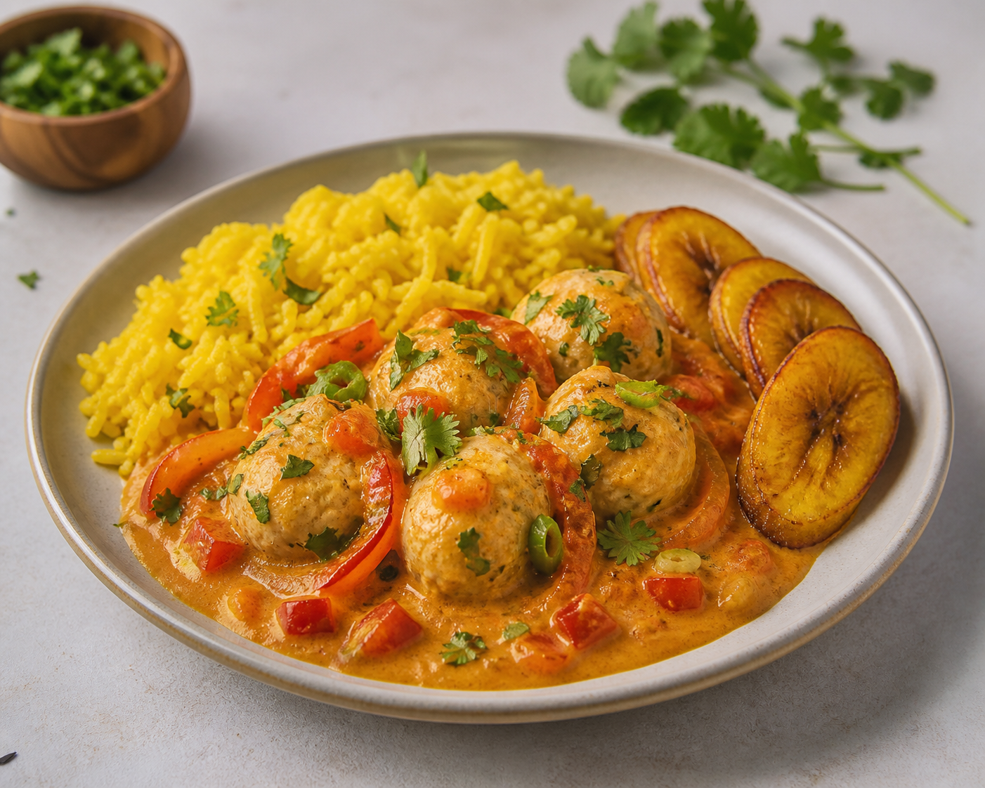 Colombian Fish Meatballs in Coconut and Sweet Pepper Stew with Turmeric Rice and Golden Semi-Ripe Plantain