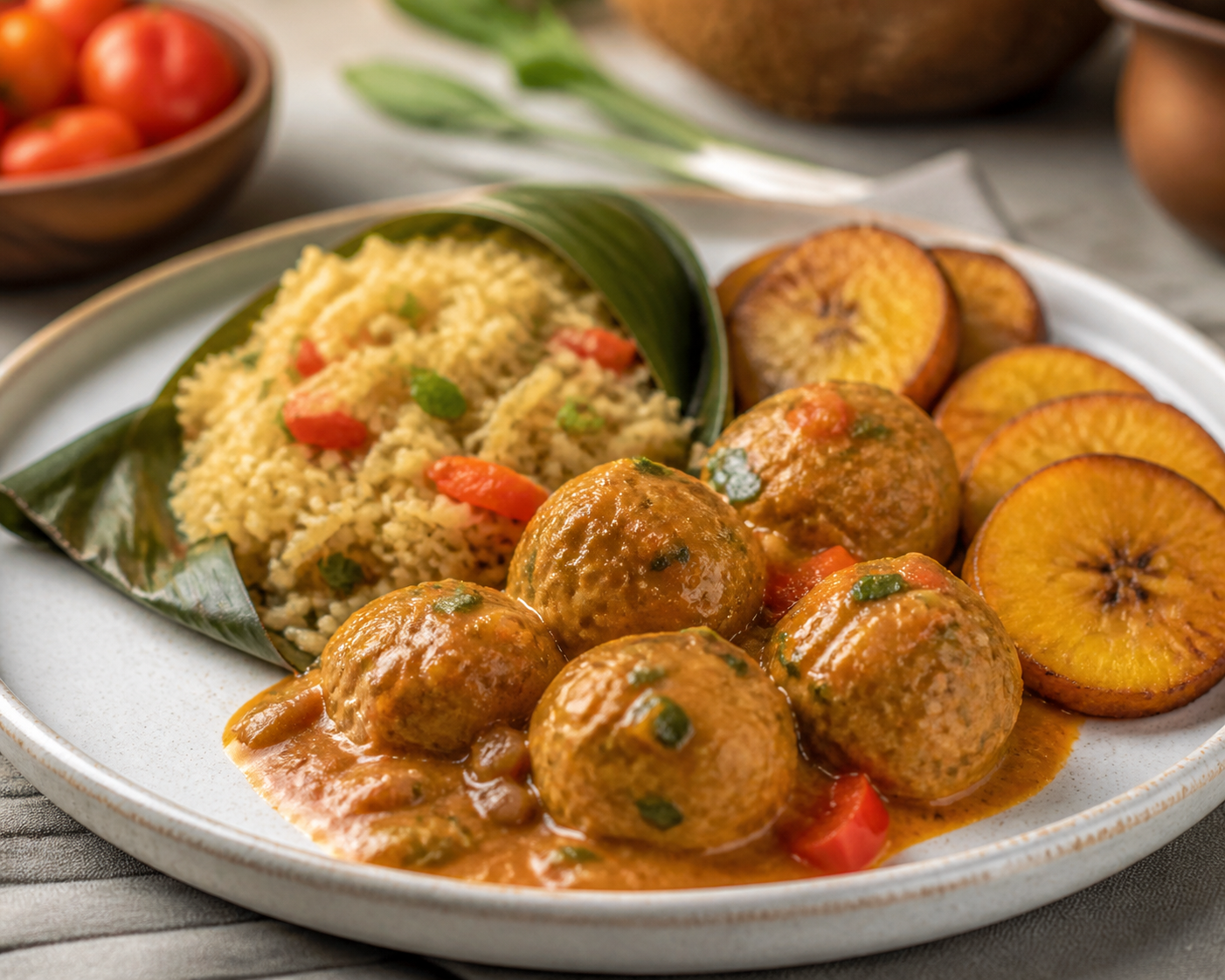 Albóndigas Criollas de Pavo en Guiso de Ají Dulce y Coco con Arroz de Bijao y Plátano Pintón Dorado