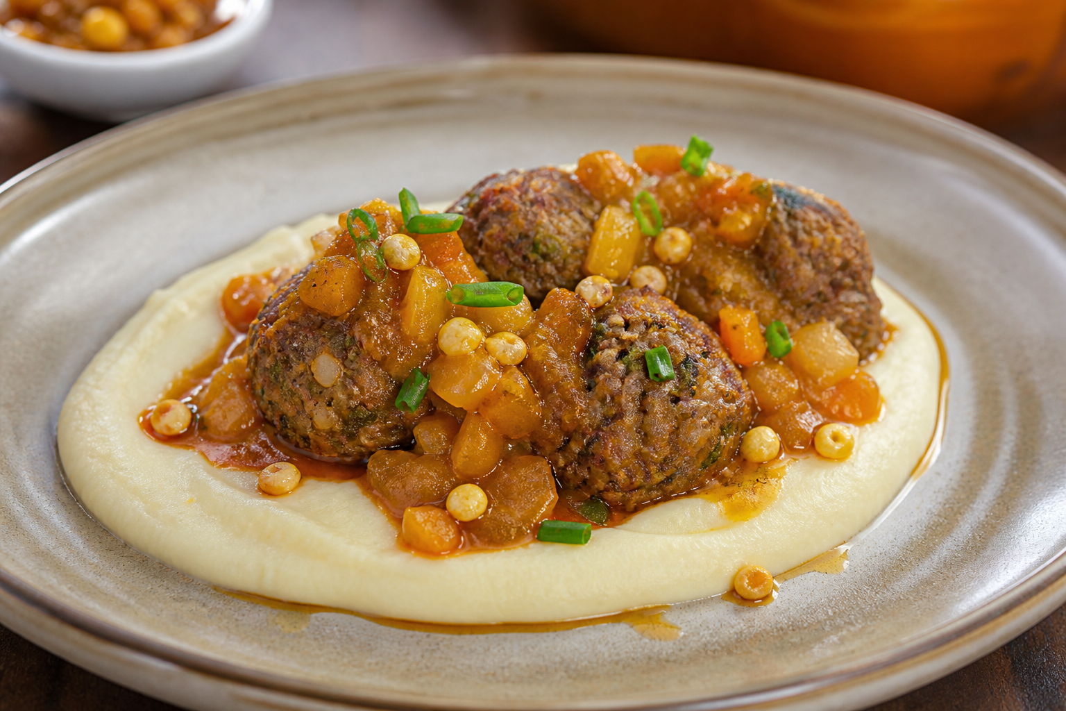 Albóndigas Colombianas de Res y Quinua en Hogao de Uchuva con Puré de Arracacha y Maíz Tostado