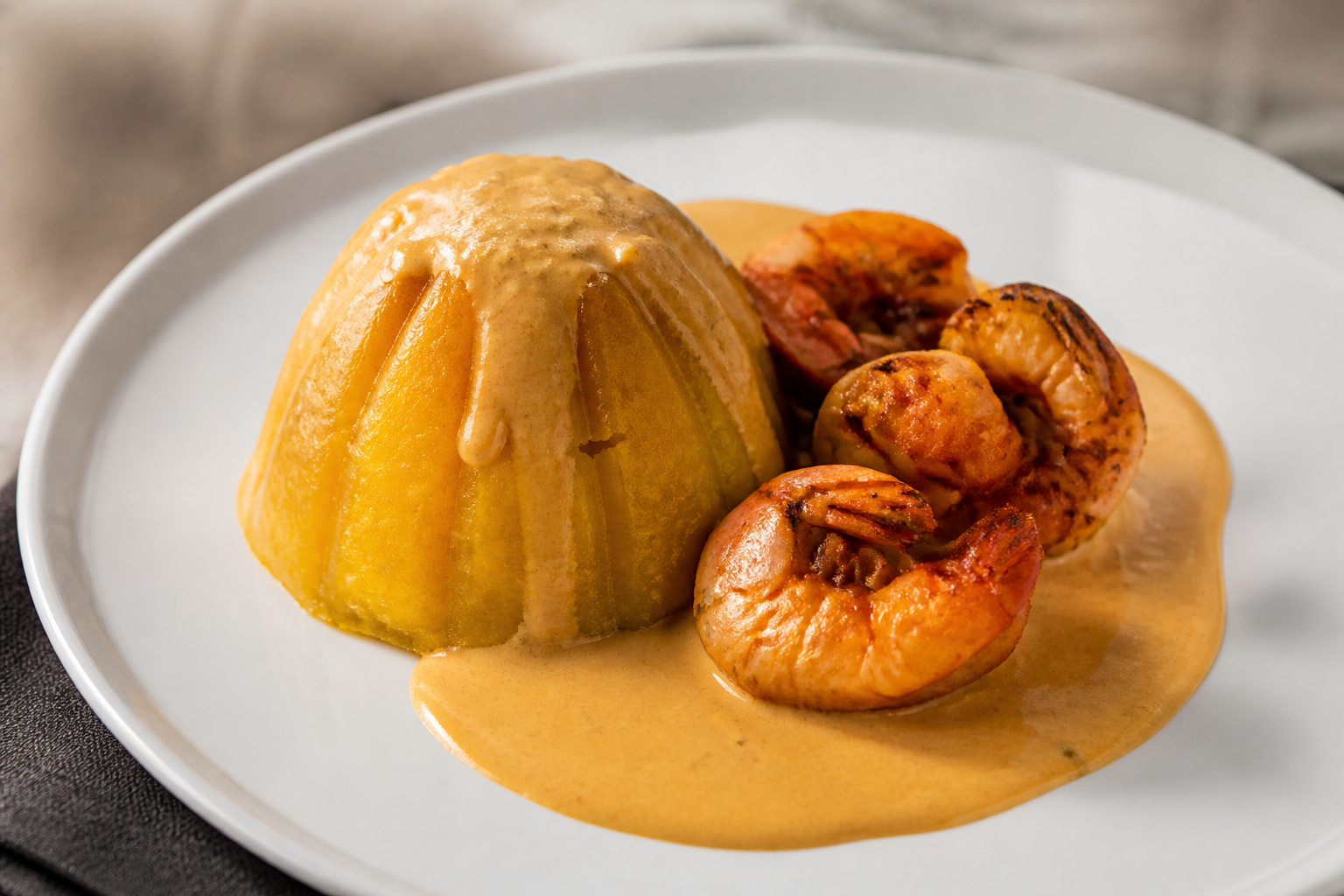 Bollo Criollo de Verde con Camarón Ahumado y Salsa Tibia de Maní con Hierbas