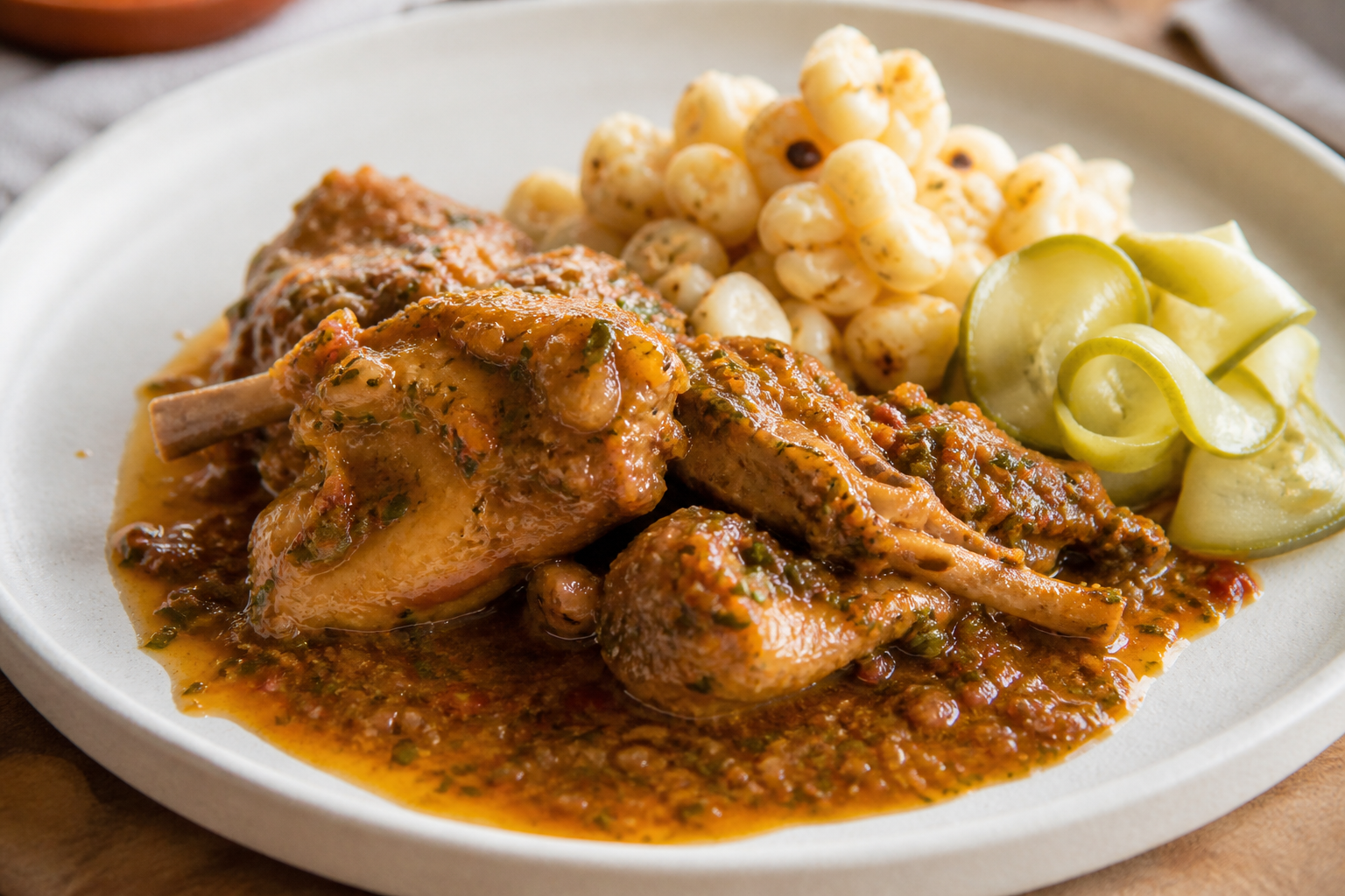 Ecuadorian Rabbit in Tamarillo Herb Sauce with Toasted Hominy and Pickled Zucchini