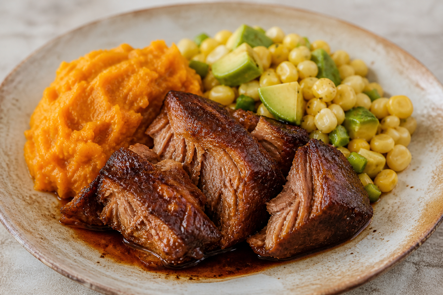 Manabí Coffee-Braised Pork Shoulder with Rustic Sweet Potato Mash and Warm Corn-Avocado Salad