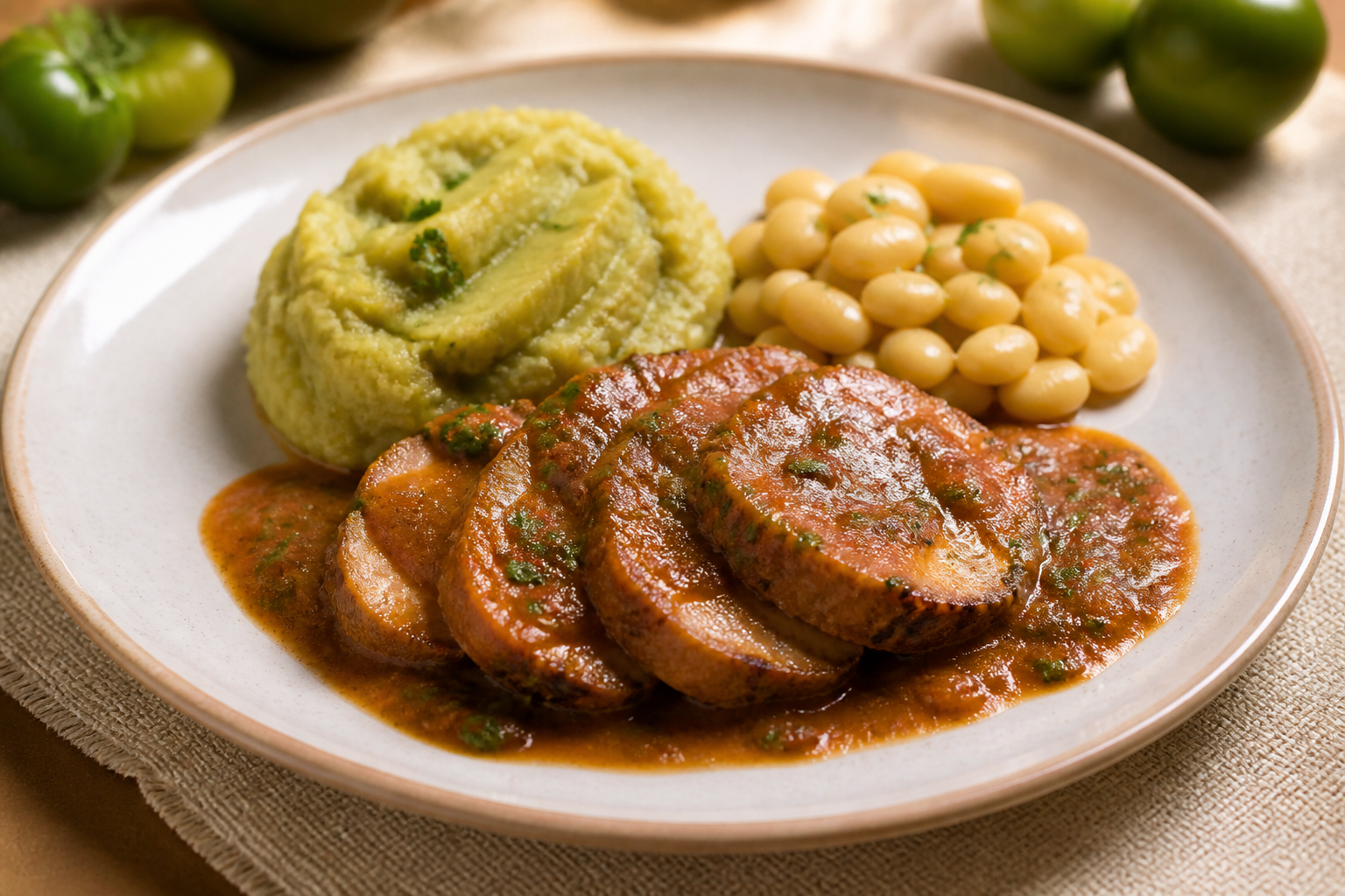 Lomo de cerdo ecuatoriano en salsa de tamarillo ahumado y hierbas con majado de verde y chochos tibios