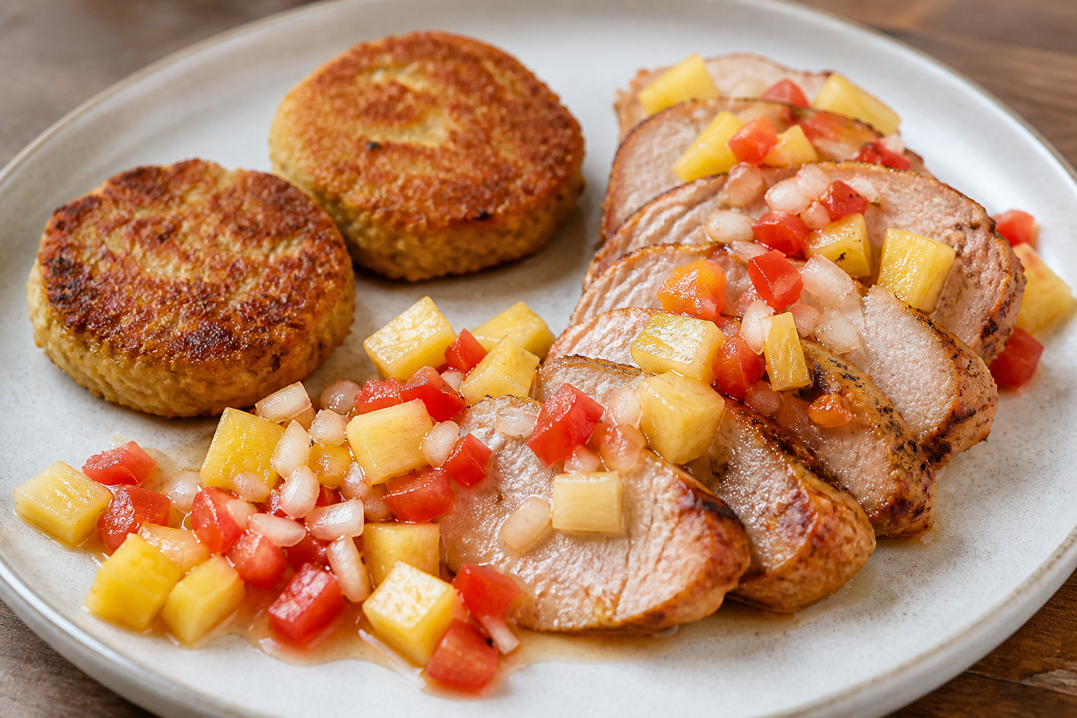Cerdo Catracho en Chirmol de Piña Asada y Chile Dulce con Tortitas de Malanga