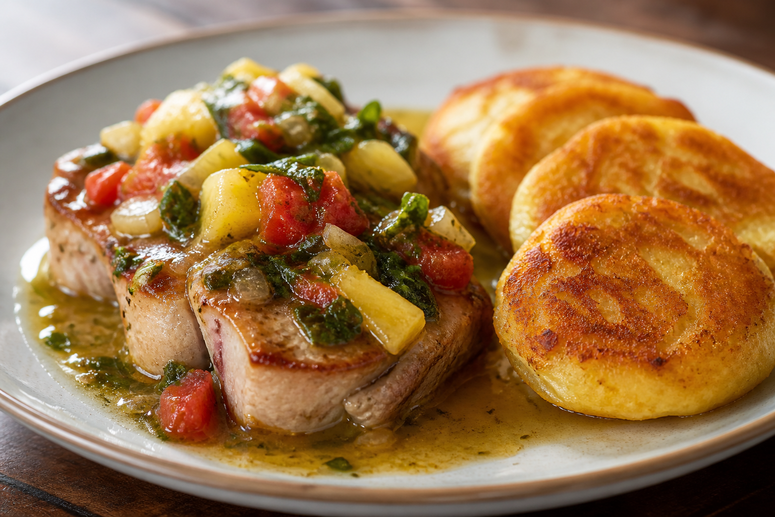 Honduran Pork in Roasted Pineapple and Chipilín Sauce with Golden Yuca Patties