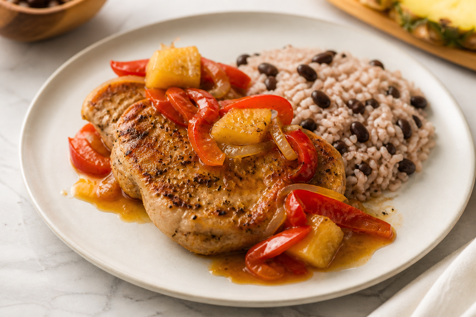 Honduran Pork Chops in Roasted Pineapple and Sweet Pepper Sauce with Creamy Coconut Casamiento