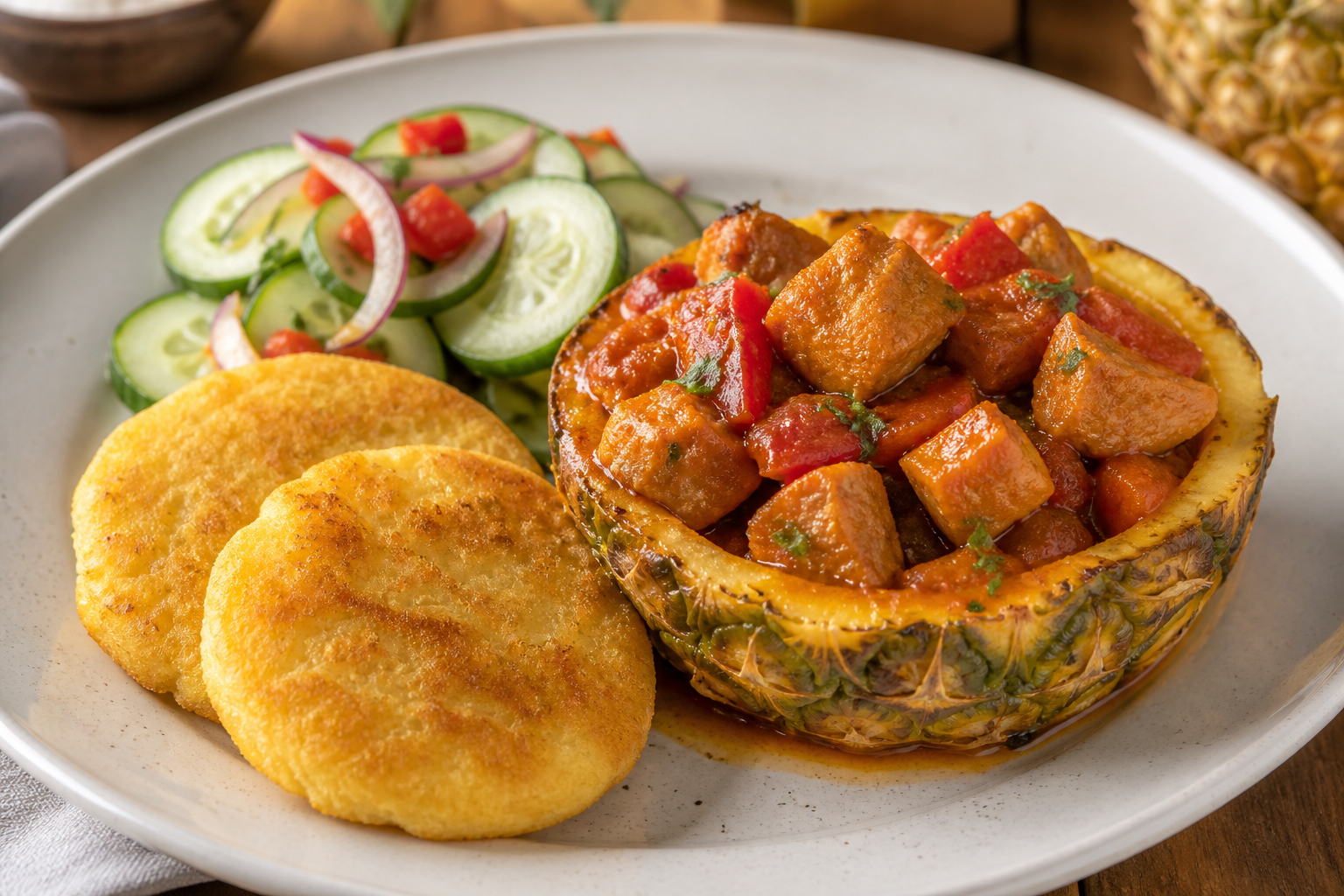 Cerdo Catracho en Chilmol de Piña Asada y Achiote con Tortitas de Yuca y Ensalada de Pepino
