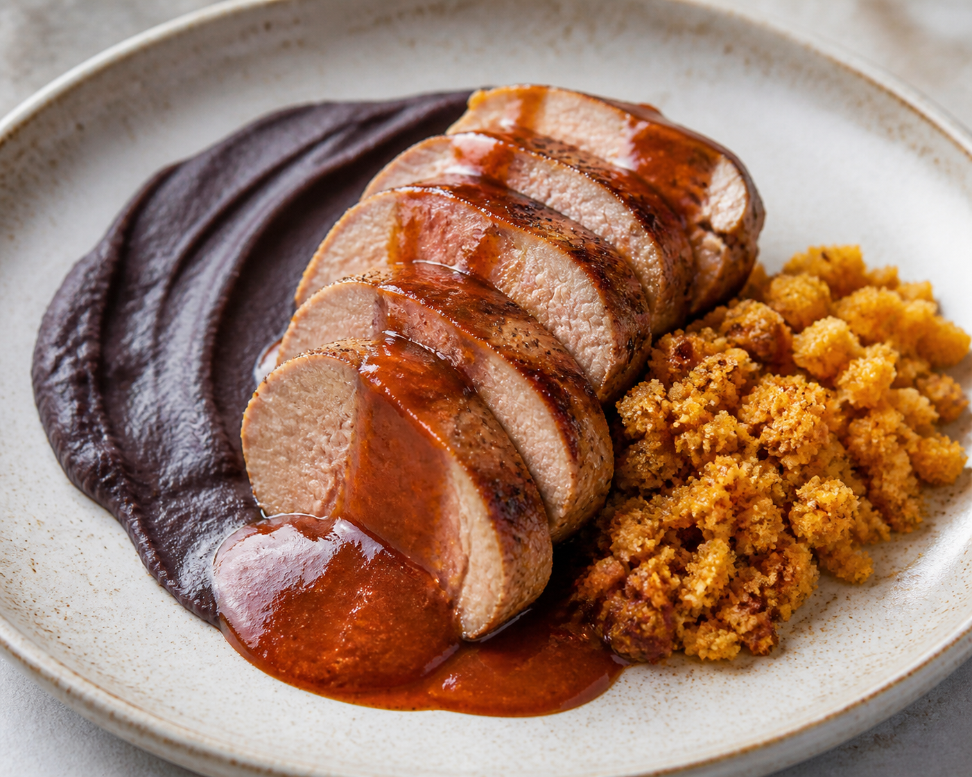 Lomo de Cerdo Brasileño con Salsa de Guayaba y Café, Puré de Frijol Negro y Farofa Crujiente de Plátano