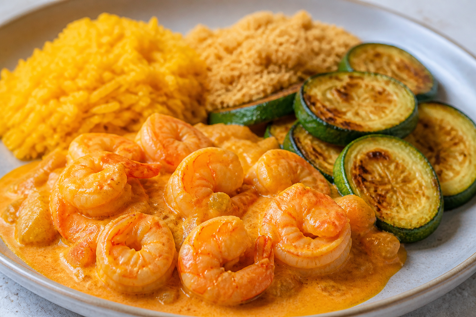Brazilian Shrimp Casserole with Dendê Rice, Roasted Zucchini and Crispy Cassava Crumble