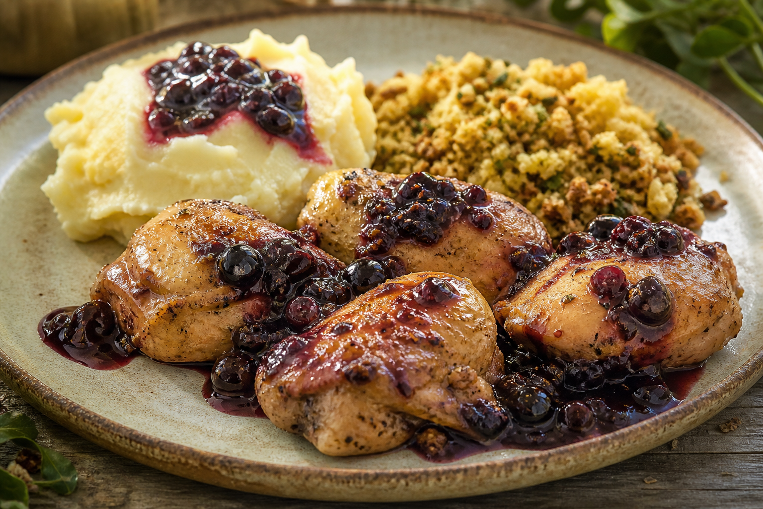 Frango Caipira con Salsa de Jabuticaba, Puré Rústico de Mandioca y Farofa de Hierbas