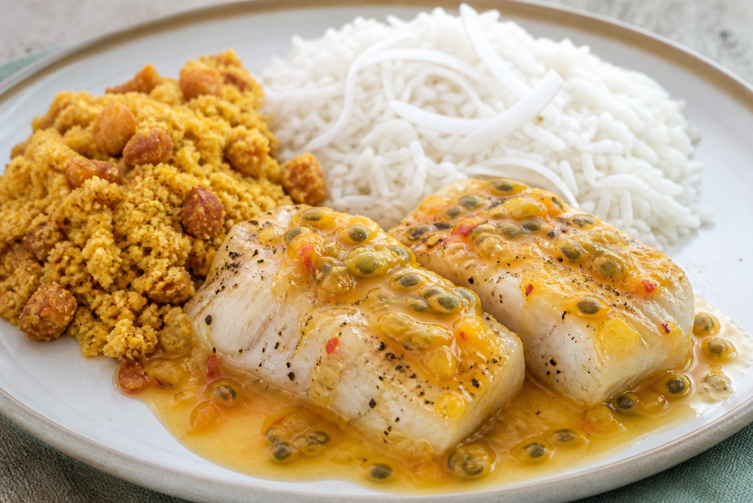 Brazilian Fish in Passion Fruit and Pepper Sauce with Coconut Rice and Plantain Farofa