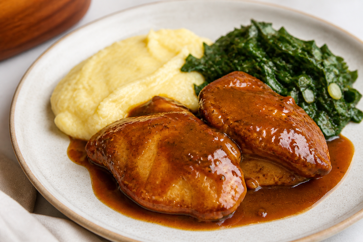 Minas-Style Chicken in Guava-Coffee Sauce with Queijo Minas Polenta and Sautéed Collard Greens