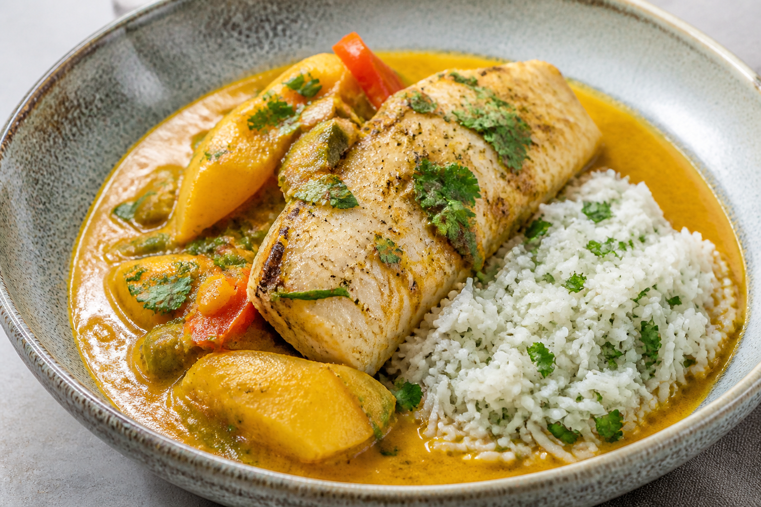 Pescado Dominicano en Caldero de Coco, Jengibre y Guineíto con Arroz de Cilantro