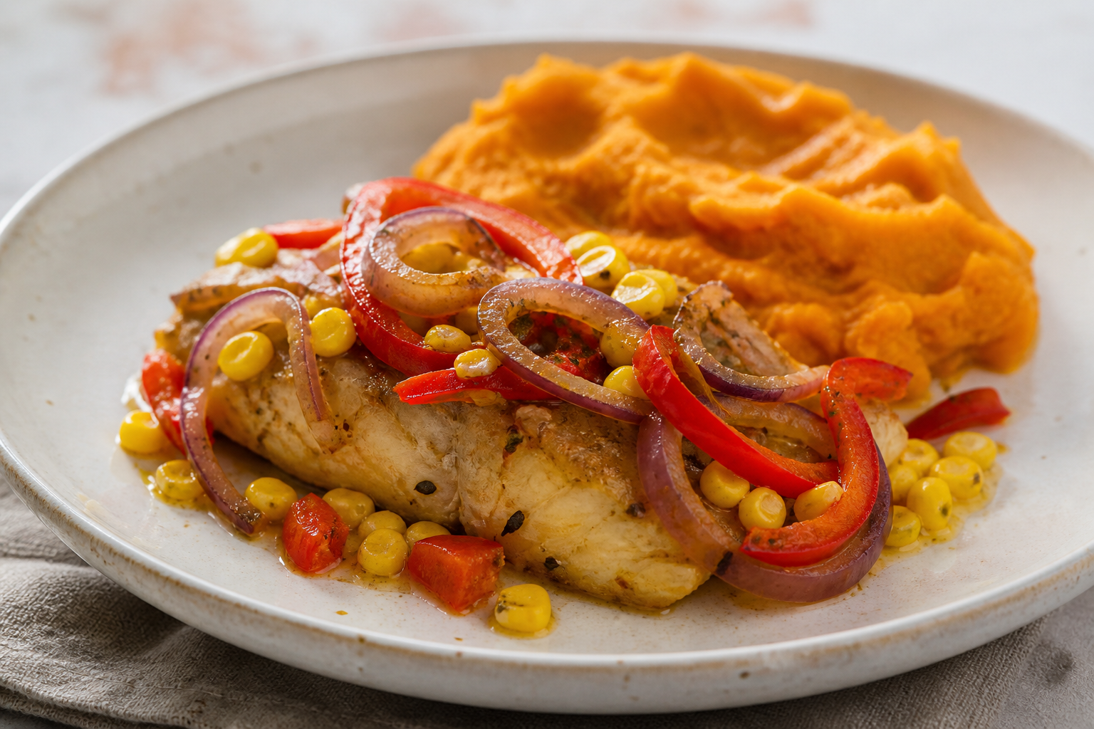 Dominican Baked Cod with Mashed Sweet Potato, Sweet Corn, and Ají Dulce Peppers