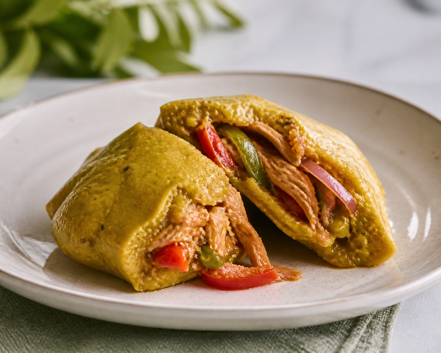 Bollitos de Plátano Verde Rellenos de Pollo al Coco y Ajíes Dulces