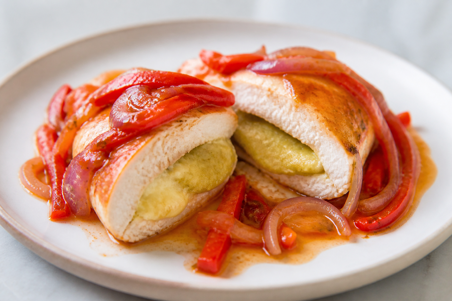 Dominican Chicken Breast Stuffed with Green Plantain Mangú and Cheese, with Sweet Pepper Creole Sauce