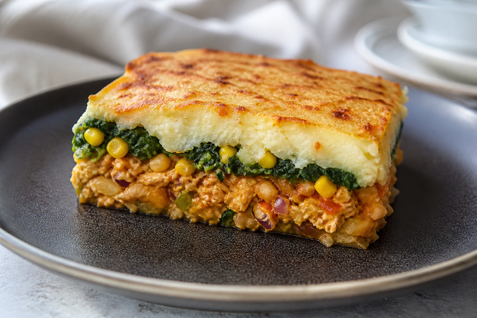 Dominican Yautia and Sofrito Chicken Pastelón with Spinach, Corn, and Mild Cheese