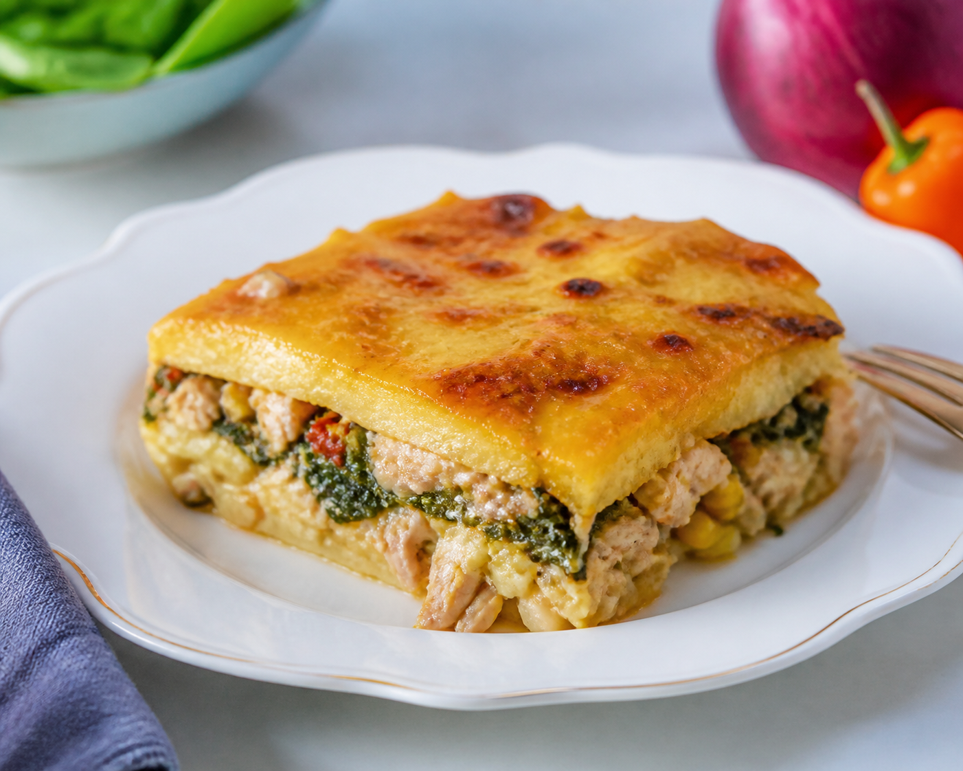 Pastelón Dominicano de Yautía y Pollo Guisado con Espinacas, Maíz y Queso Suave