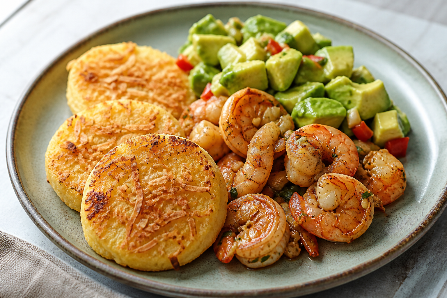Arepitas Dominicanas de Coco Salado con Camarones al Ajillo Criollo y Ensalada Tibia de Aguacate