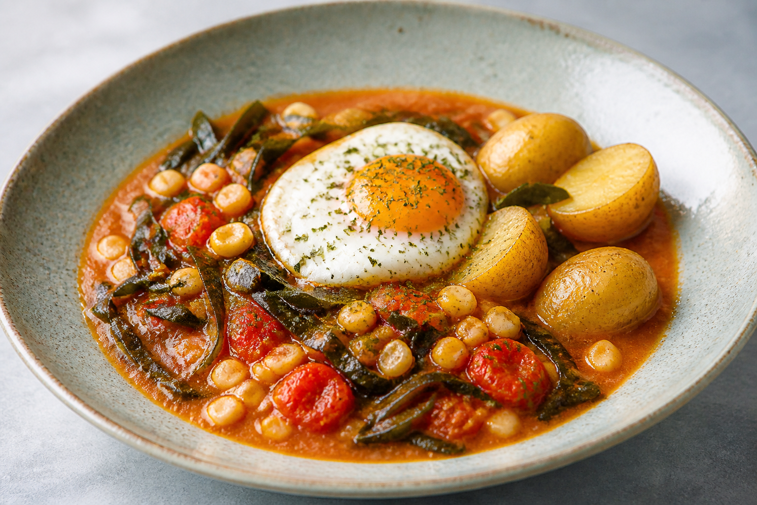 Tomaticán Cremoso de Cochayuyo y Choclo con Papitas Doradas y Huevo al Orégano