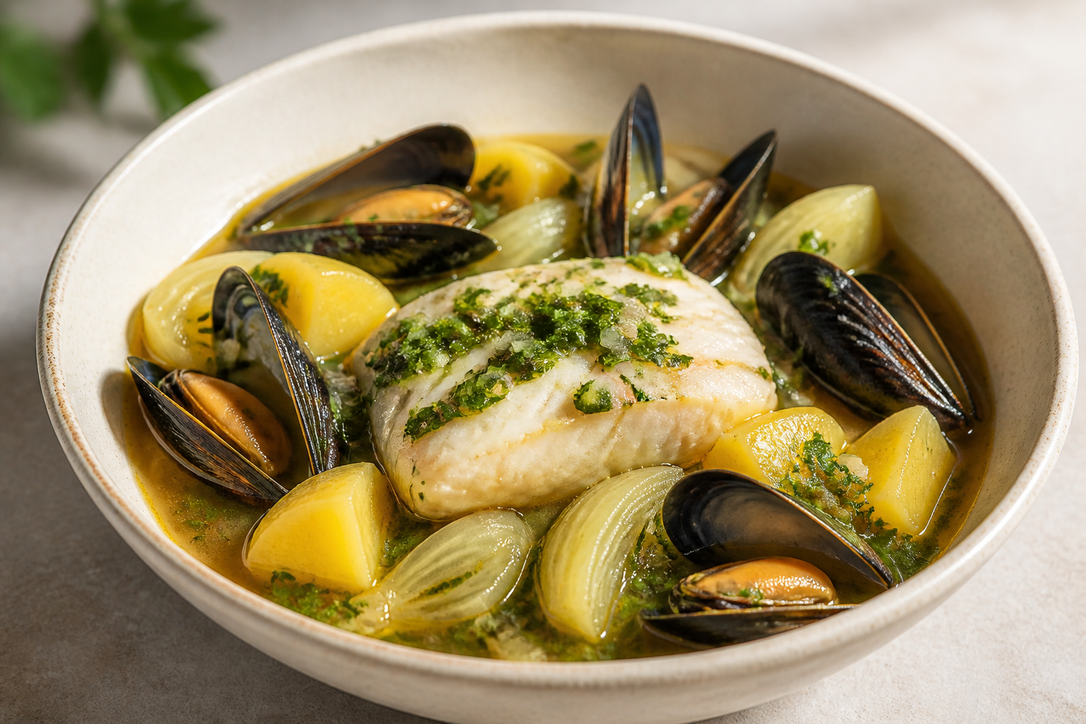 Caldillo Chileno de Reineta y Choritos con Papas Doradas, Hinojo y Pebre Tibio de Cilantro