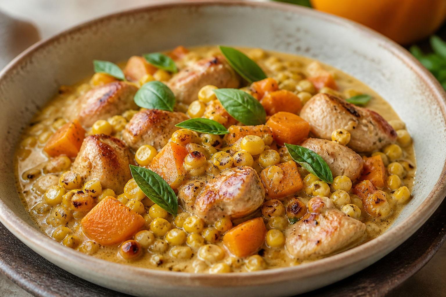 Creamy Roasted Corn Carbonada with Chicken, Squash, and Basil
