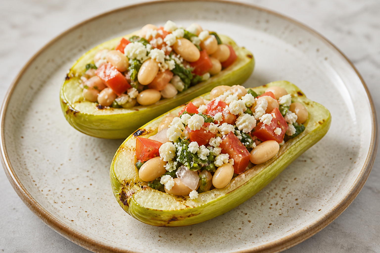 Salvadoran Roasted Chayote Canoes with White Beans, Alguashte, and Queso Duro Blando