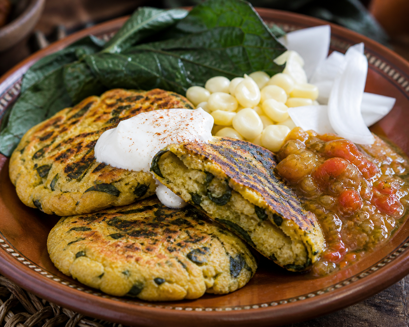 Salvadoran corn and nightshade leaf cakes with spiced fresh curd and warm green chile tomato sauce