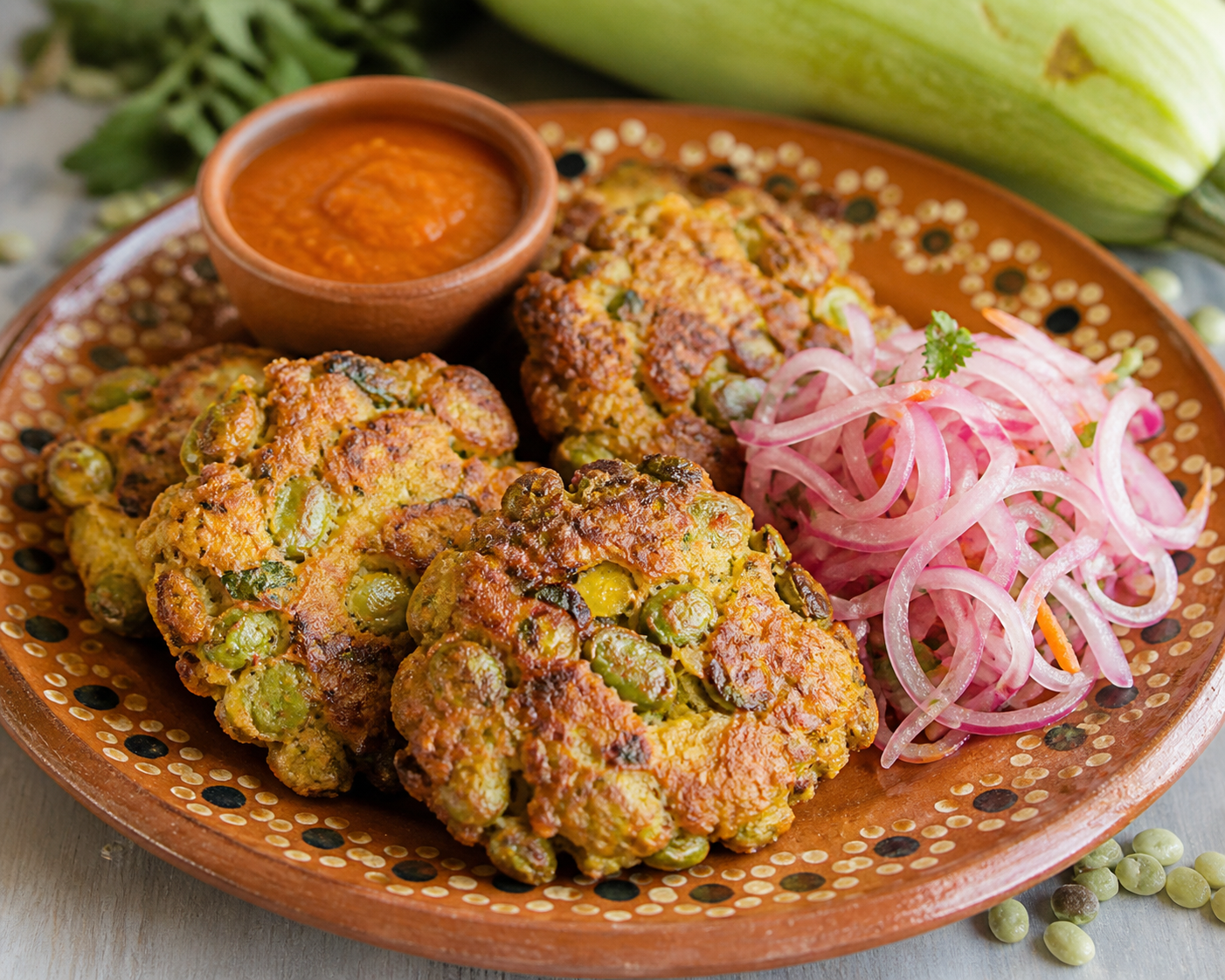 Salvadoran fresh bean and chilacayote fritters with hard cheese, pickled onion slaw, and alguashte tomato sauce