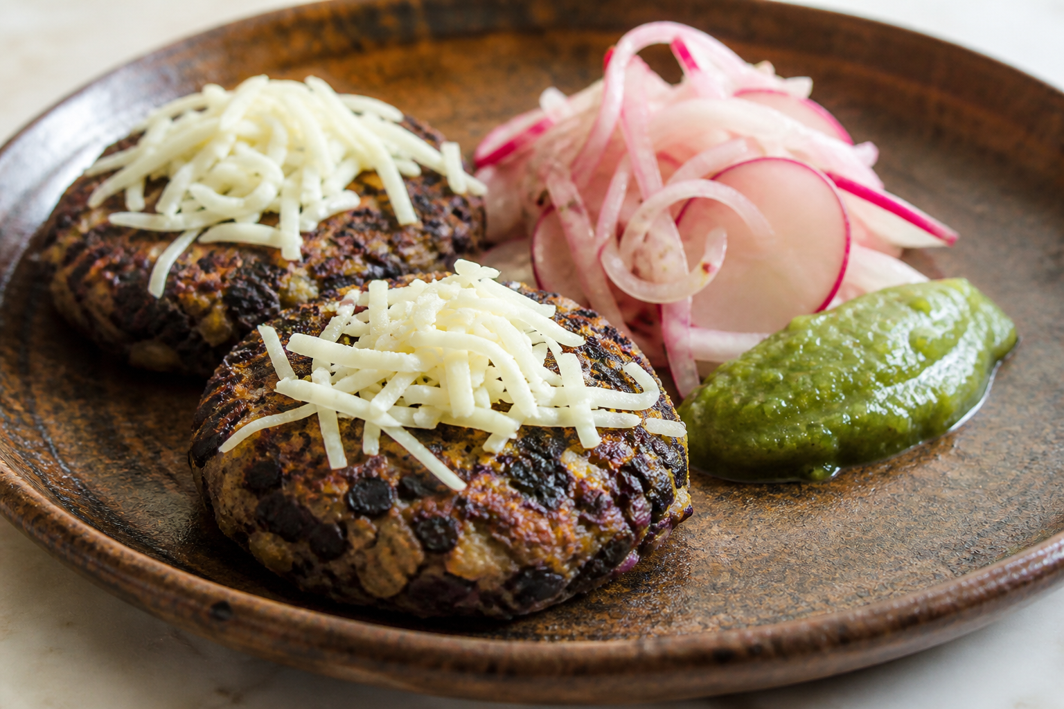 Tortas salvadoreñas de maíz y frijol negro con queso duro, curtido de rábano y salsa de chile verde asado