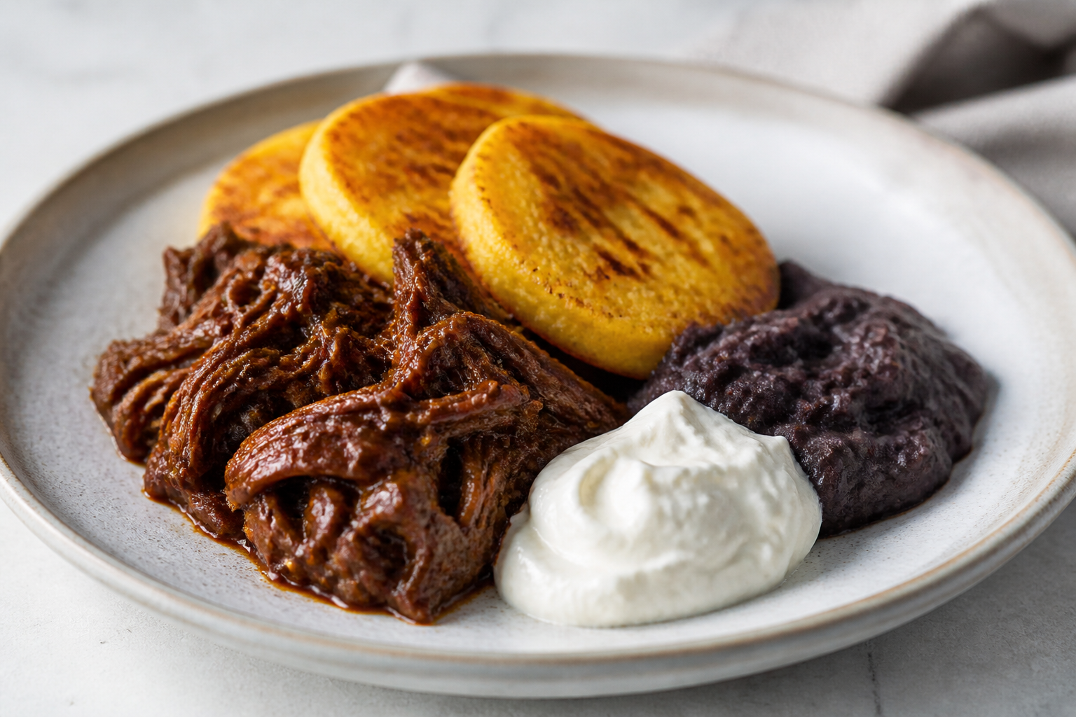 Caracas-Style Corn and Plantain Cakes with Papelón Beef, Refried Black Beans, and Fresh Cheese Cream