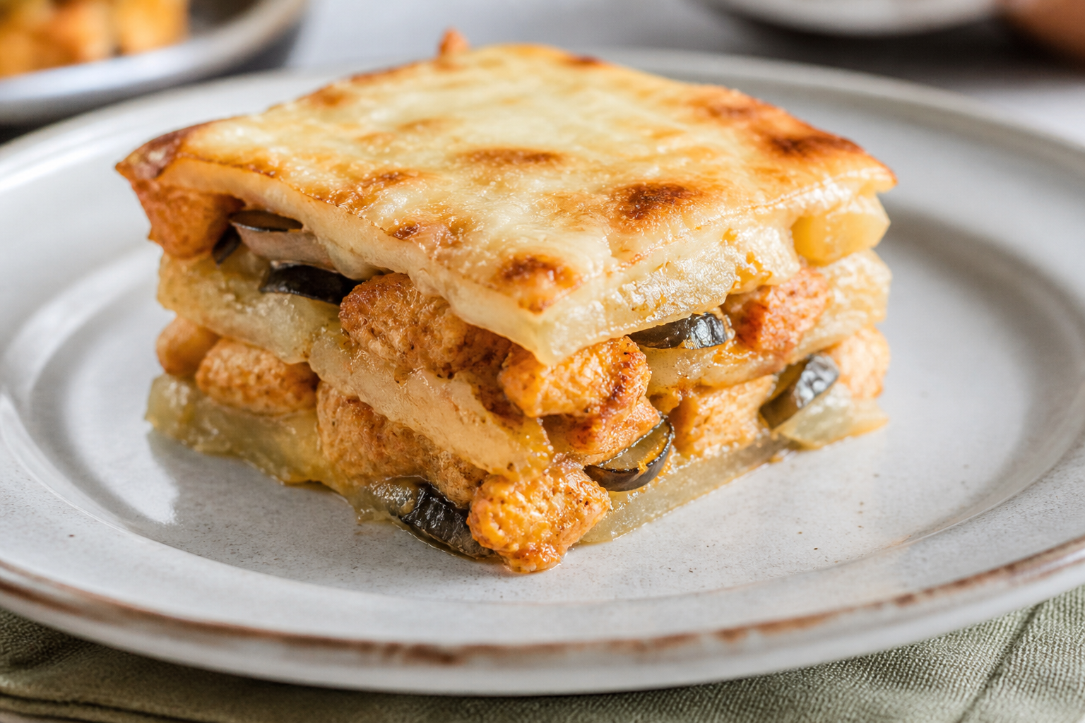 Cassava Crisp Creole Lasagna with Annatto Chicken, Roasted Eggplant, and White Cheese Bechamel