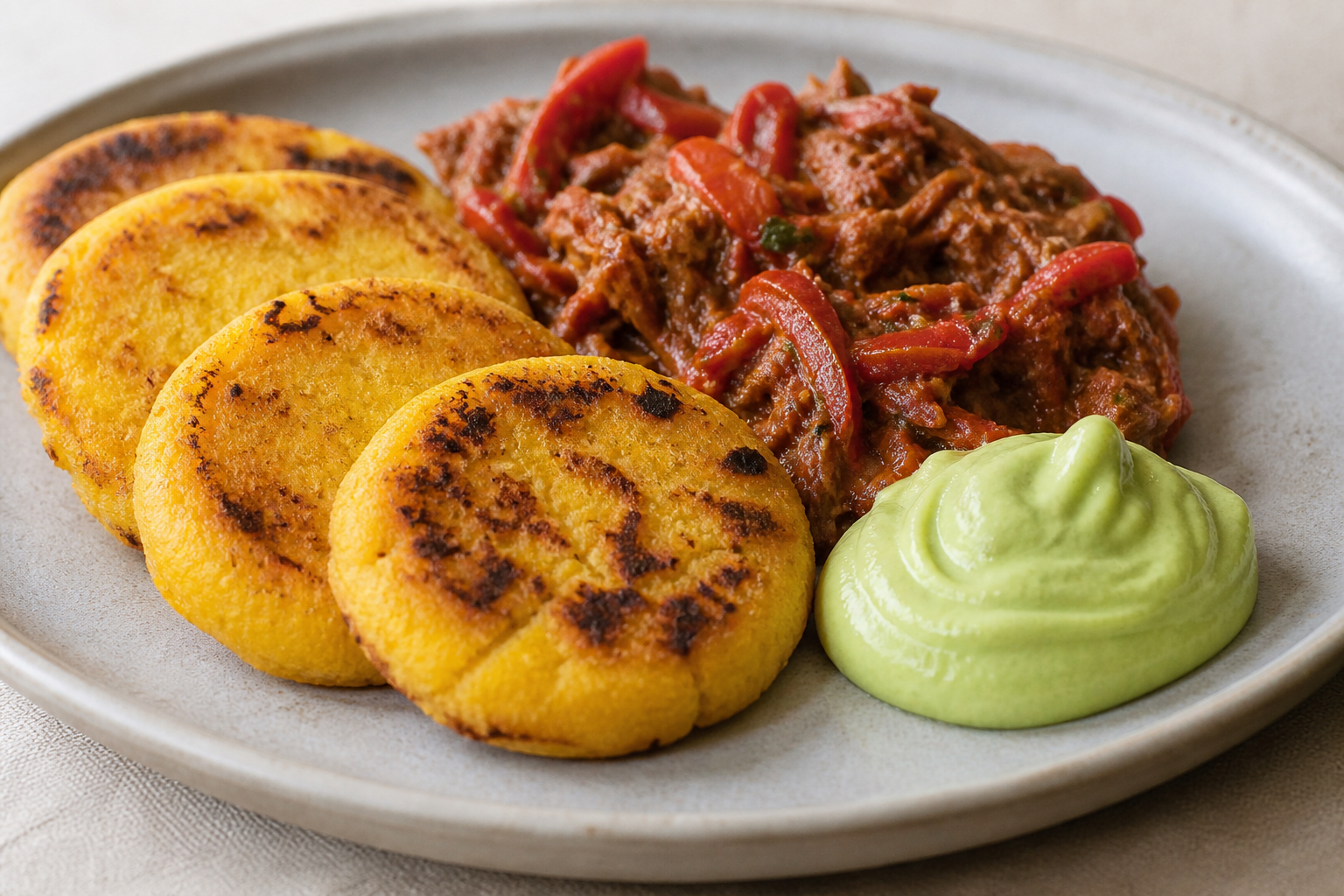 Torticas Caraqueñas de Maíz Pilado y Plátano con Guiso de Res al Ají Dulce y Crema de Aguacate