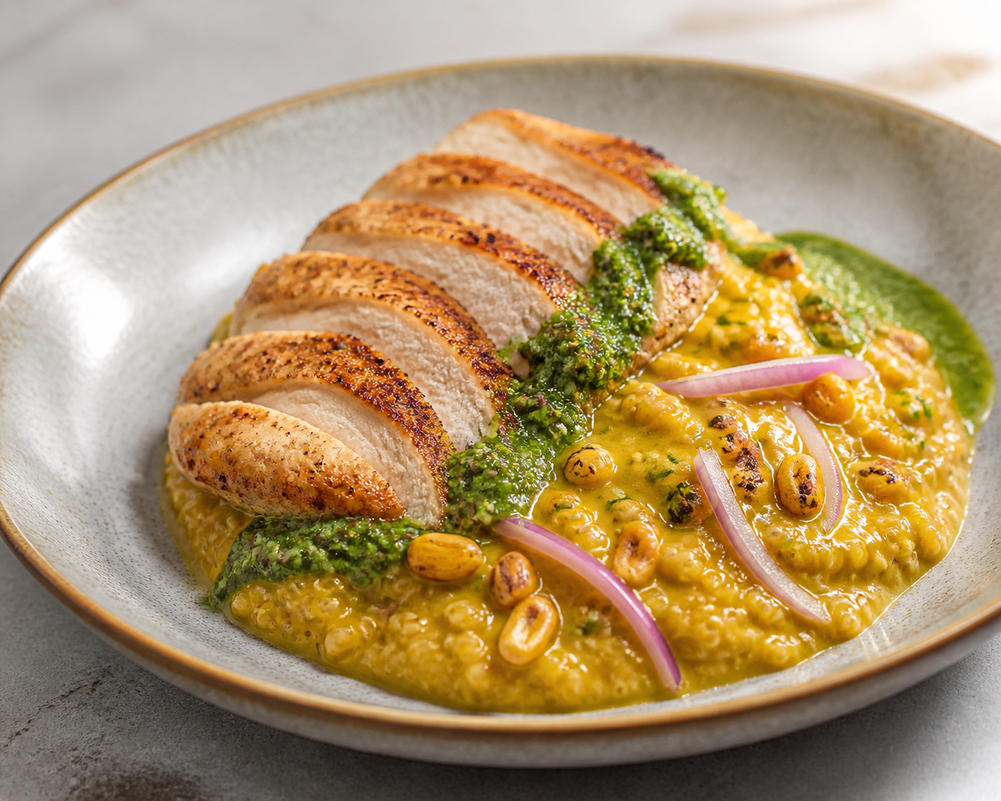 Atamalado Quinoa with Aji Amarillo, Seared Chicken, Roasted Corn and Huacatay Sauce