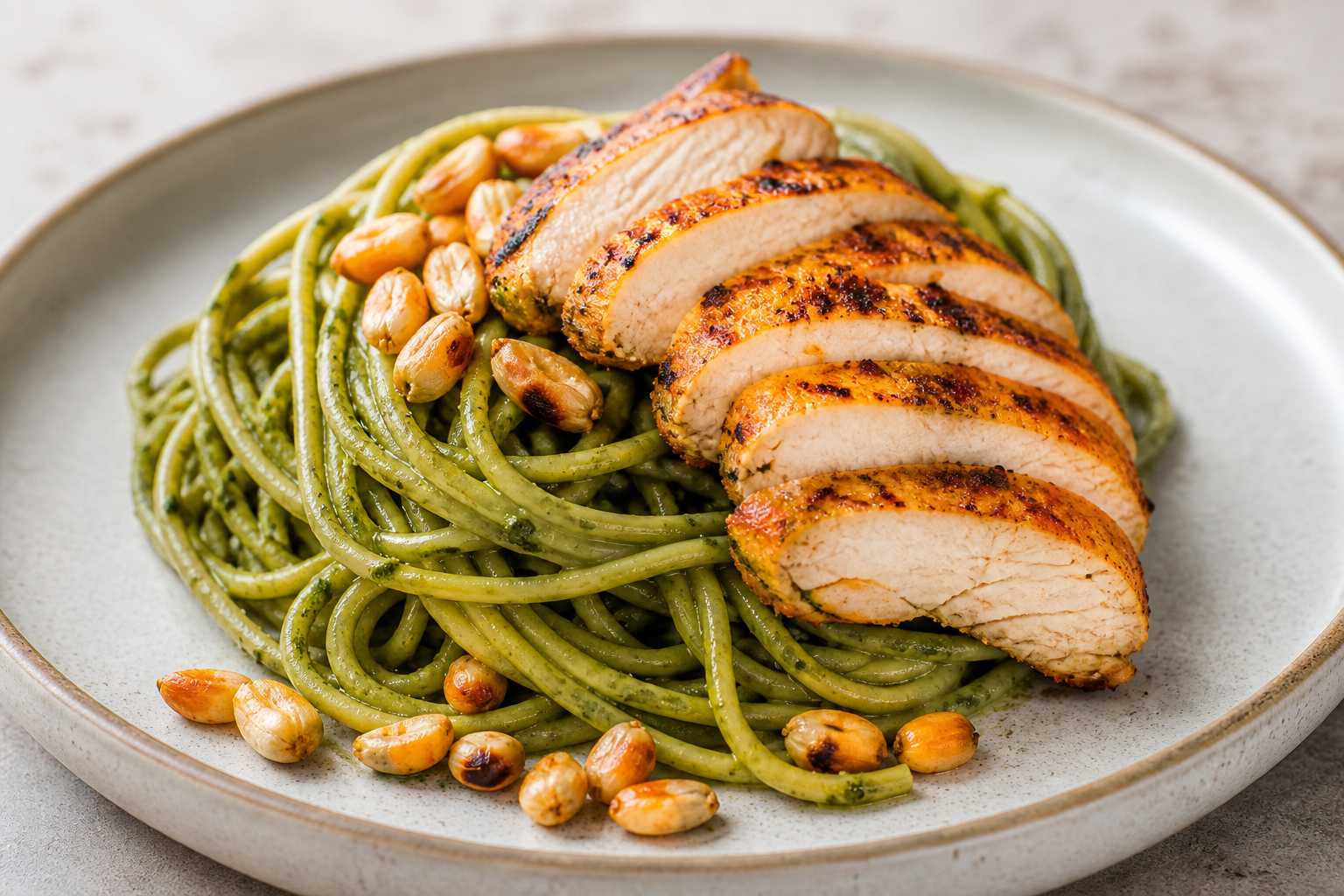 Smoky Peruvian Green Pasta with Rocoto Chicken and Toasted Corn
