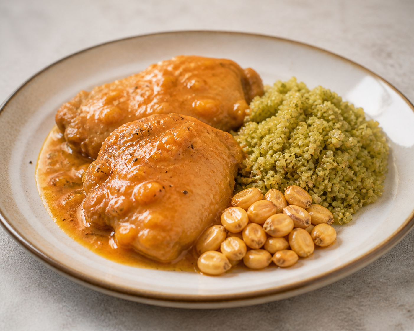 Pollo Guisado al Rocoto y Maracuyá con Quinua Verde y Choclo Dorado