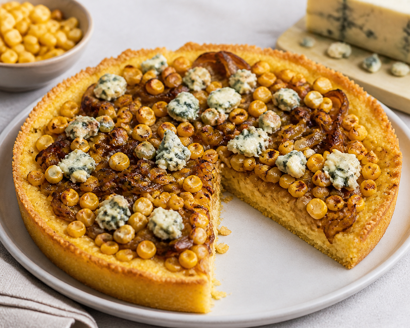 Criollo tart with roasted corn, caramelized onions, and blue cheese on polenta crust