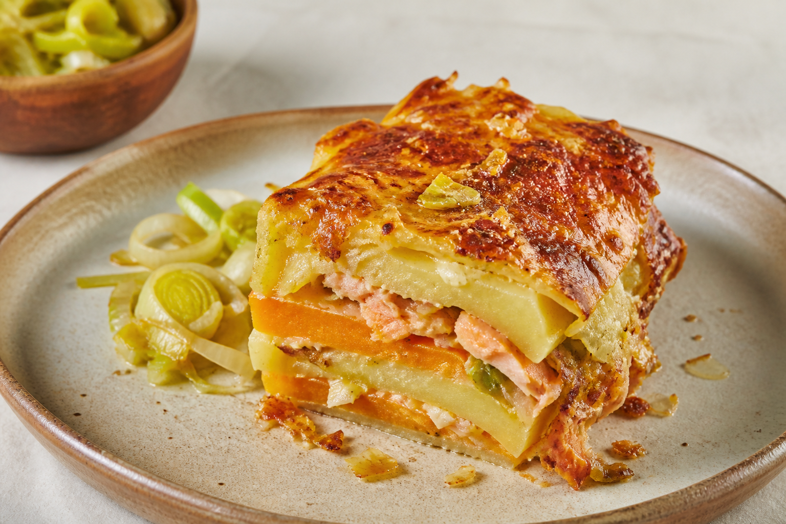 Andean-Creole Potato Bake with Smoked Trout, Golden Leeks, and Sardo Cheese Crust