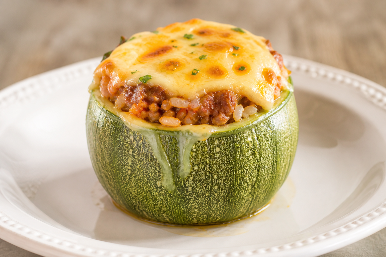 Moon Zucchini Stuffed with Paprika Beef, Rice and Gratinated Criollo Cheese